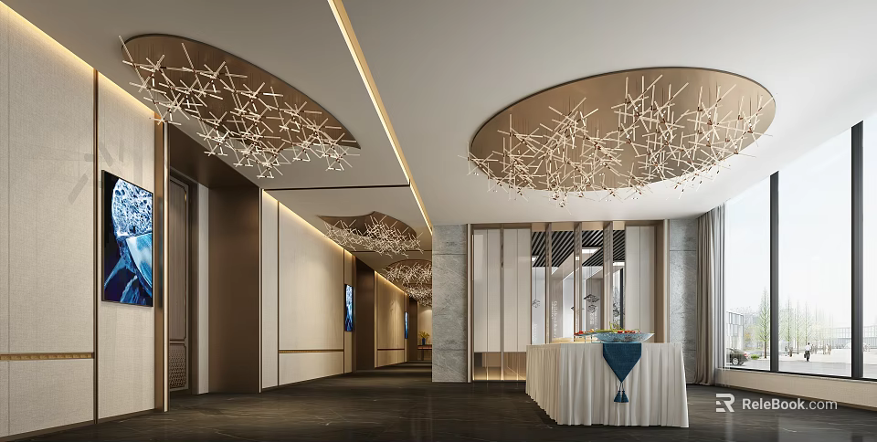 Elegant Modern Banquet Hall Interior With Decorative Chandeliers Ceiling Lines And White Tablecloth 3d model 