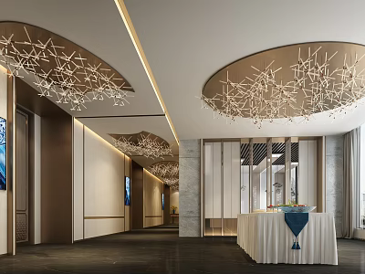 Elegant Modern Banquet Hall Interior With Decorative Chandeliers Ceiling Lines And White Tablecloth 3d model