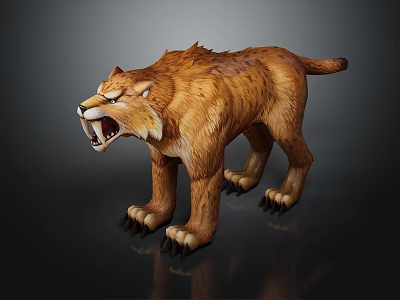 Roaring Large Feline 3D Model With Brown Fur Sharp Claws And Open Mouth 3d model