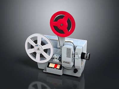 Vintage Classic PRIMA Film Projector With Red White Reels Gray Body 3d model