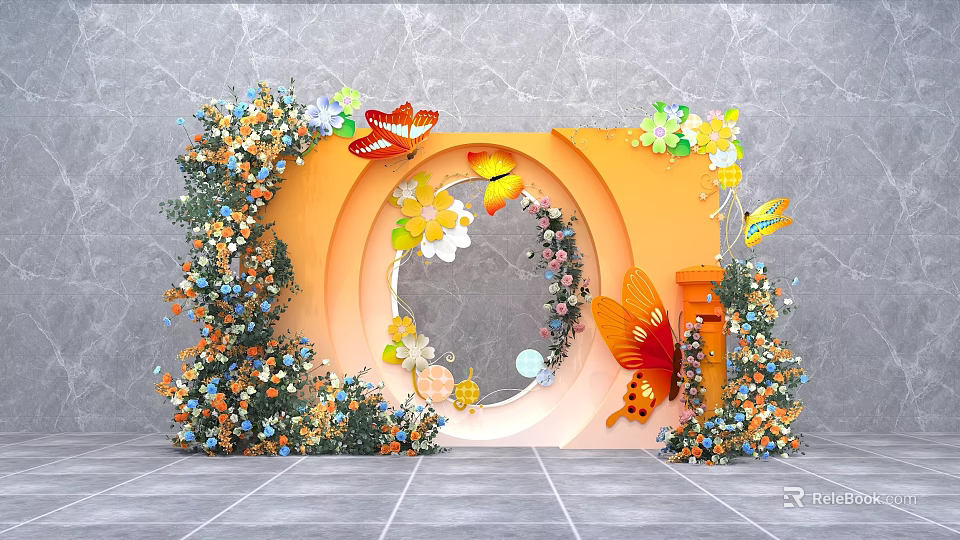 Vibrant Check In Photo Spot With Orange Circular Frame Butterflies Flowers And Green Plant Decorations 3d model 