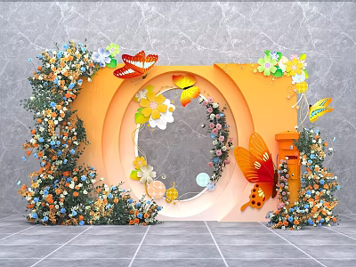 Vibrant Check In Photo Spot With Orange Circular Frame Butterflies Flowers And Green Plant Decorations 3d model