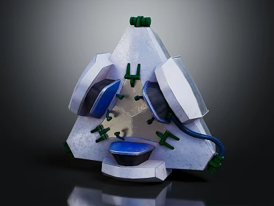 Futuristic Triangular Mechanical Device With Metallic Body Blue Components And Green Details 3d model