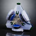 Futuristic Triangular Mechanical Device With Metallic Body Blue Components And Green Details