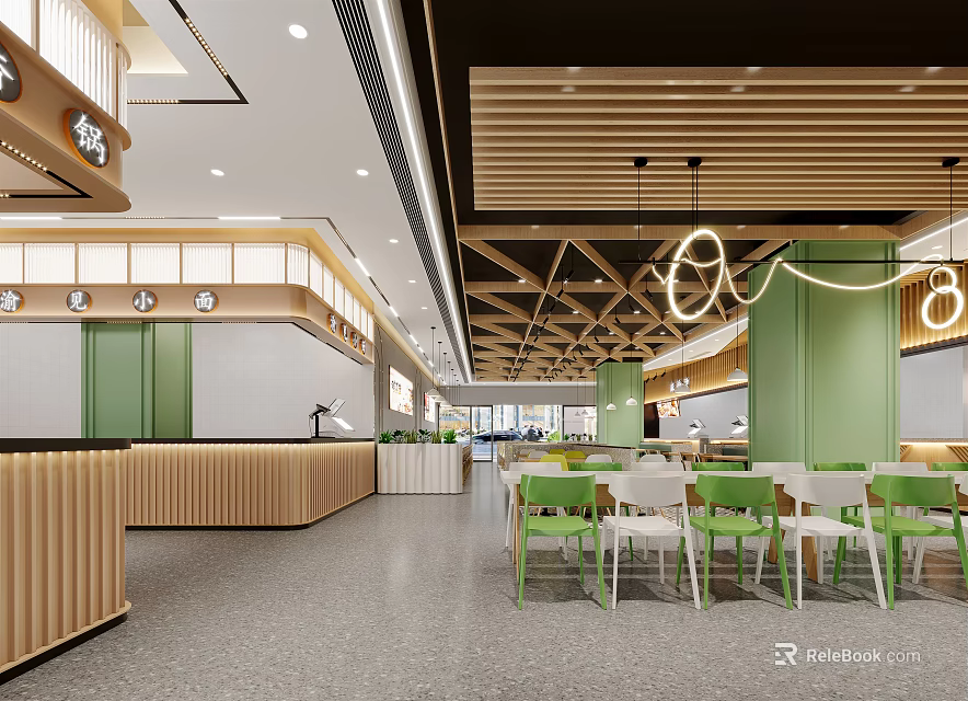 Modern Restaurant With Green Chairs White Tables Wooden Bar Counter And Pendant Lights 3d model 