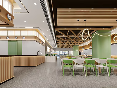 Modern Restaurant With Green Chairs White Tables Wooden Bar Counter And Pendant Lights 3d model