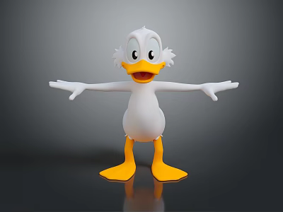 Cute Cartoon Duck With White Feathers Yellow Beak And Feet Arms Outstretched Friendly Gray Background 3d model