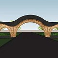 Modern Entrance Gate With Curved Wooden Roof And Openwork Structure Surrounded By Greenery