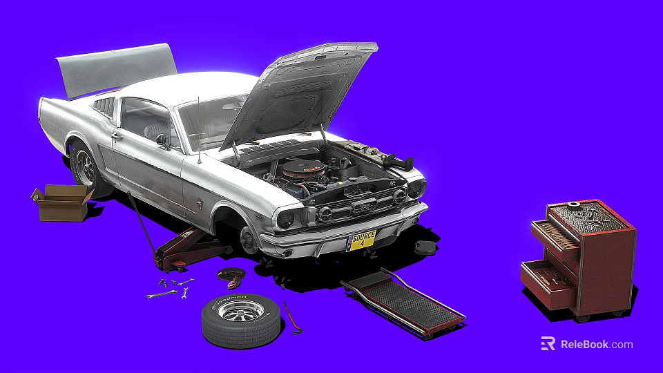 Silver Car Under Repair With Open Hood And Tools 3d model 