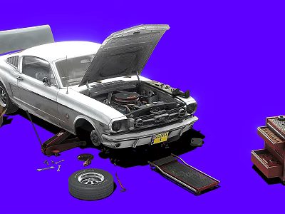 Silver Car Under Repair With Open Hood And Tools 3d model