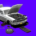 Silver Car Under Repair With Open Hood And Tools 3d model