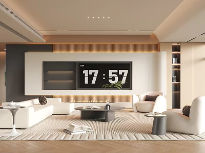 Modern Living Room Interior With Large TV White Sofas Round Coffee Table And Herringbone Rug 3d model
