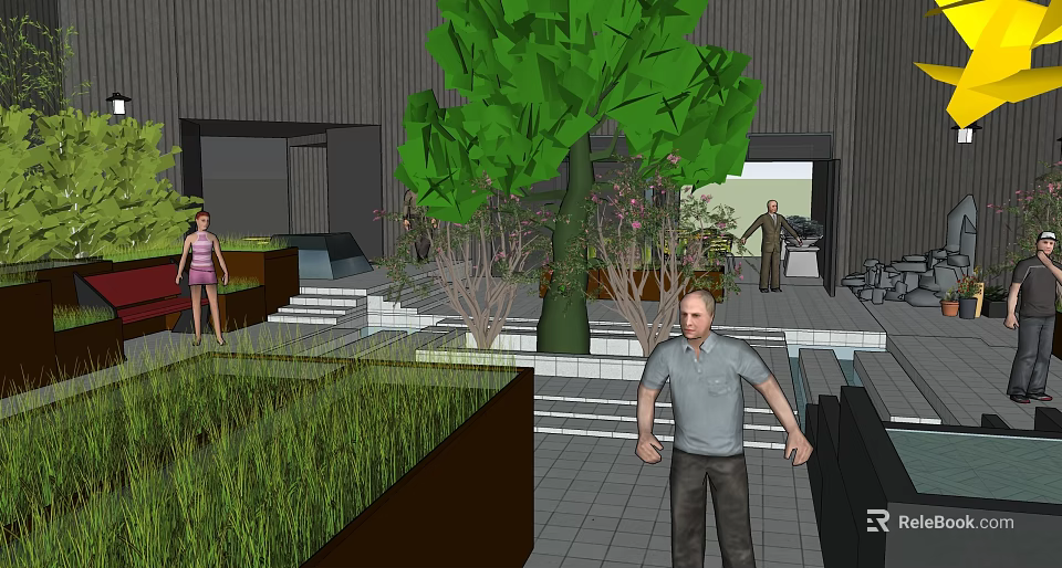 Modern Garden Landscape With Large Tree Green Plants Lawn And Steps 3d model 