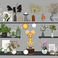 Decorative Ornament Set With Vases Dried Flowers Green Plants Spherical Ornaments And Figurines On Shelves