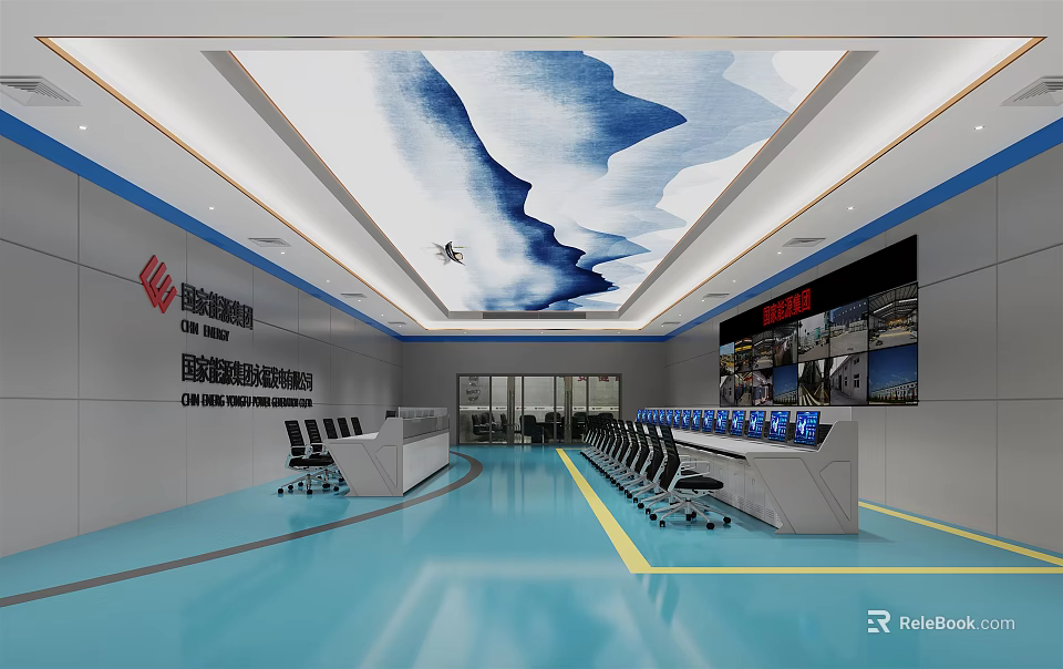 Modern Control Room for Aviation Transportation Authority with Monitor Screens Control Consoles and Blue Flooring 3d model 