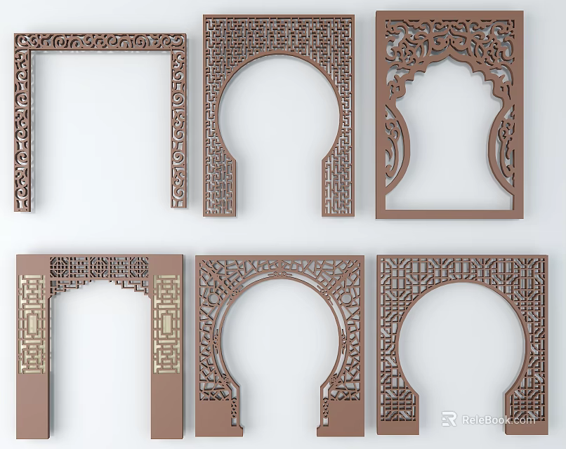 Decorative Door Arches with Various Carved Patterns in Brown Finish and Multiple Traditional Modern Designs 3d model 