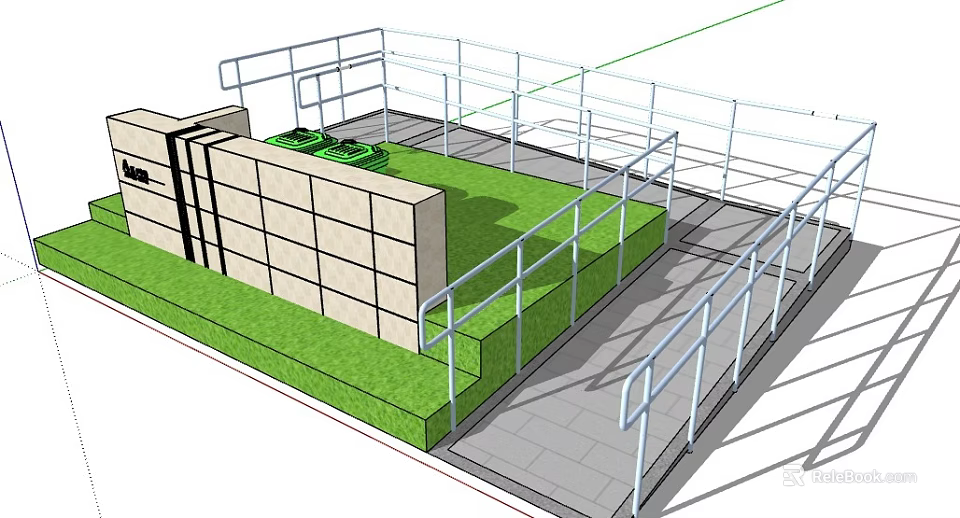 Modern Residential Landscape Design With Green Lawn Metal Railings And Stone Pavement 3d model 