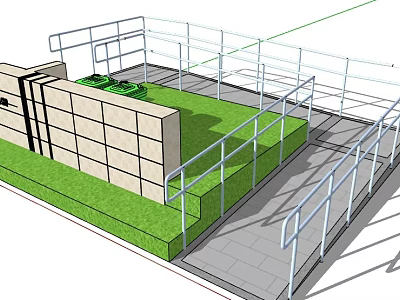 Modern Residential Landscape Design With Green Lawn Metal Railings And Stone Pavement 3d model