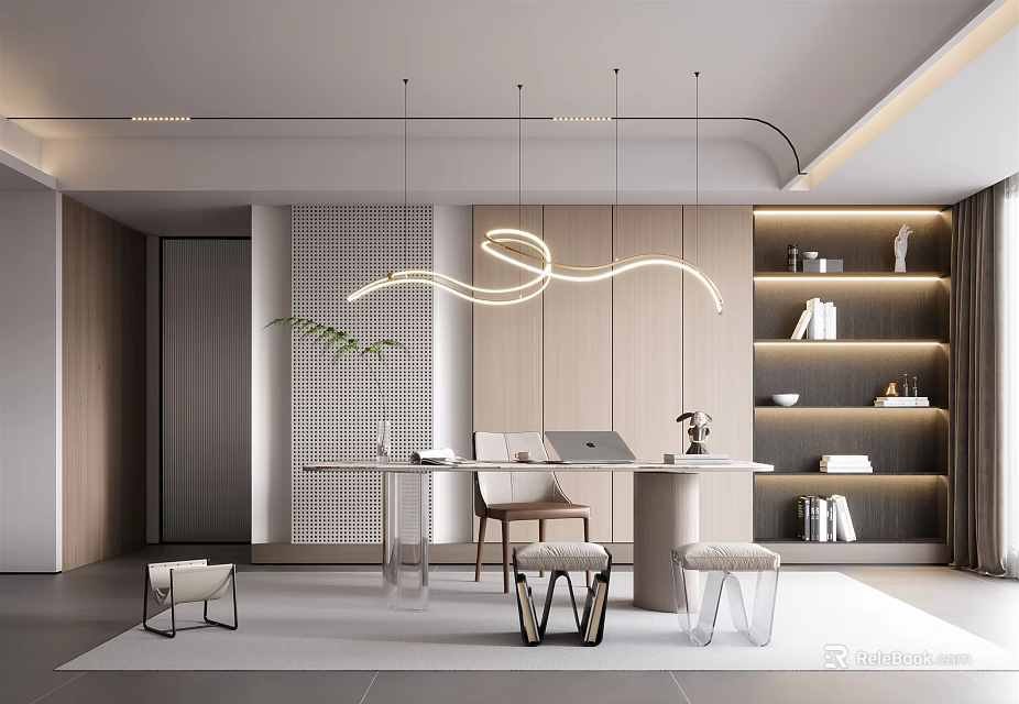 Modern Study Room Interior With Wooden Desk Bookshelves And Hanging Lighting 3d model 