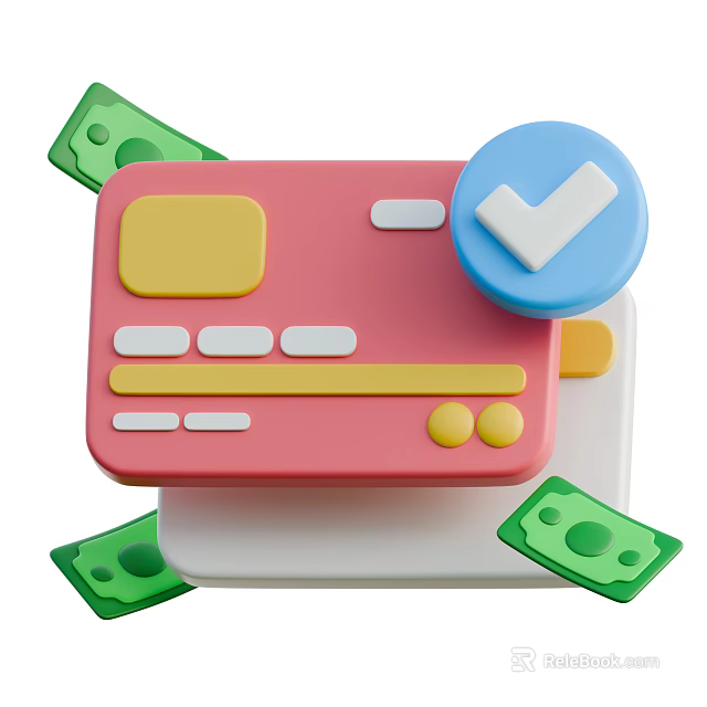 Modern Decorative Ornament Set With Pink Credit Card Blue Checkmark And Green Banknotes 3d model 