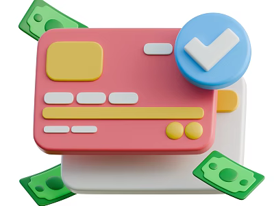 Modern Decorative Ornament Set With Pink Credit Card Blue Checkmark And Green Banknotes 3d model