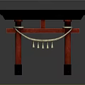 Traditional Japanese Torii Gate With Red Pillars Black Top And Hanging Bells