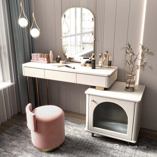 Modern White Dressing Table With Gold Legs Pink Stool Mirror And Cat Cabinet 3d model 