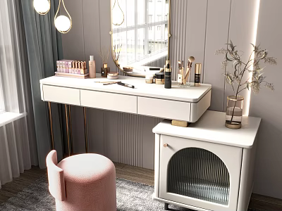 Modern White Dressing Table With Gold Legs Pink Stool Mirror And Cat Cabinet 3d model
