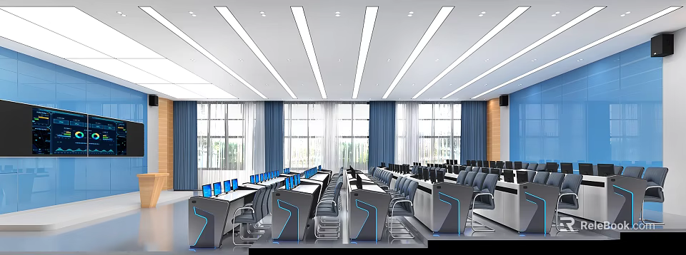 Modern School Classroom With Computers Desks Chairs Blue Curtains And Strip Lights 3d model 