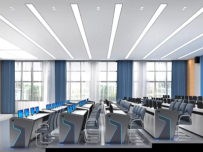 Modern School Classroom With Computers Desks Chairs Blue Curtains And Strip Lights 3d model