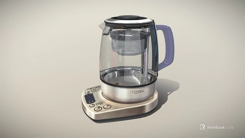 Modern TOEK Electric Kettle Featuring Transparent Glass Body Purple Handle And Silver Base Control Panel 3d model 