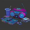 Vibrant Pink Blue Boombox Speaker with Blue Cup Notebook CD Cases and Accessories