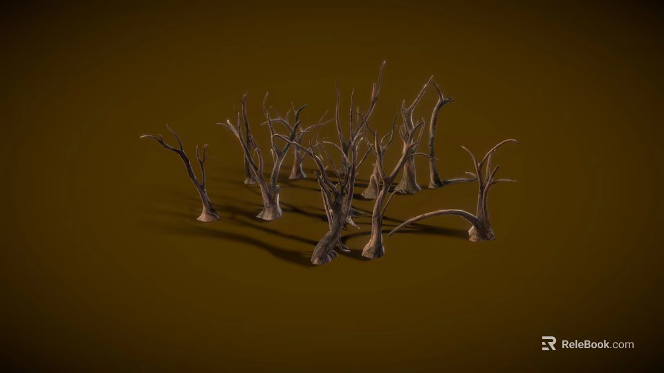 Cluster of Dried Dead Plant Branches with Twisted Stems on Brown Background 3d model 