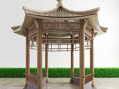 Traditional Chinese Pavilion With Wooden Structure Curved Eaves And Green Shrubs Around 3d model