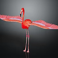 Red Flamingo With Spread Vibrant Feathers Standing On Long Legs Against Dark Background