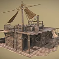 Wooden Boat House Sailing Boat House Canvas Cloth Old Wooden House Old Boat Mast Wooden Box Barrel Deck 3d model