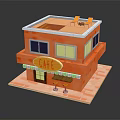 Cartoon Style Cafe Building With Orange Exterior Terrace And Outdoor Tables Chairs
