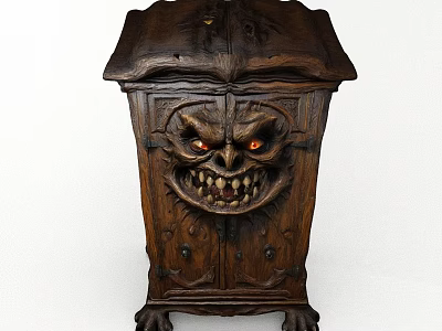 Wooden Cabinet With Demon Face Carving Red Eyes Sharp Fangs And Claw Like Legs 3d model