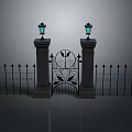 Scenic Entrance Landscape With Stone Pillars Lanterns Wrought Iron Gate And Iron Fence