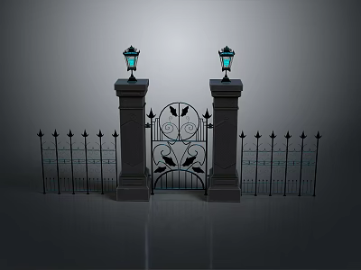 Scenic Entrance Landscape With Stone Pillars Lanterns Wrought Iron Gate And Iron Fence 3d model