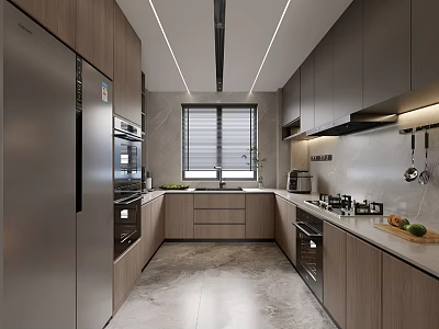 Modern Kitchen Interior Design With Wooden Cabinets Stainless Steel Appliances And Island Countertop 3d model