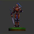 Man with Blue Hair in Orange Armor Holding Spear and Sword on Green Base