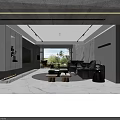 Elegant Modern Living And Dining Room Interior With Marble Walls Black Leather Sofa And Fireplace