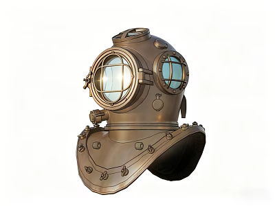 Vintage Copper Diving Helmet Play Equipment With Glass Windows And Metal Rivets 3d model