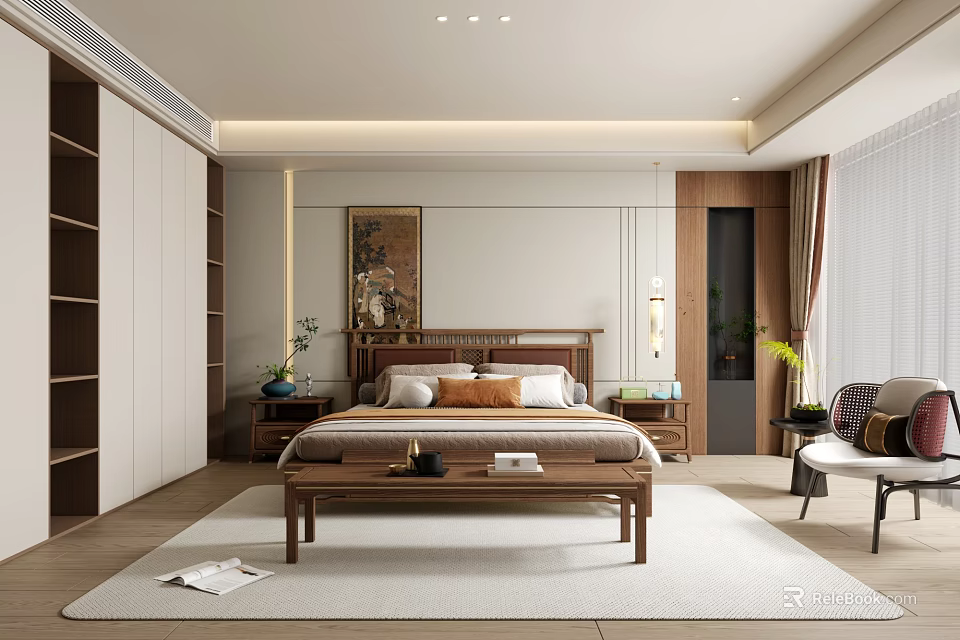 Cozy Modern Bedroom Interior Design With Wooden Bed Nightstands Bookshelves And Area Rug 3d model 
