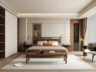 Cozy Modern Bedroom Interior Design With Wooden Bed Nightstands Bookshelves And Area Rug 3d model
