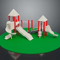 Children's Playground Equipment with Slides Climbing Towers and Green Surface