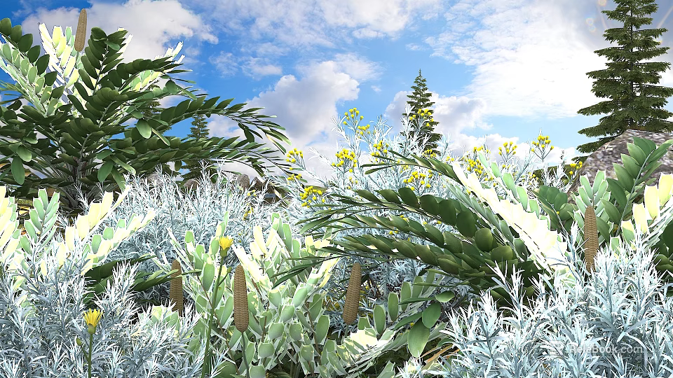 Lush Shrubs With Green Leaves And Yellow Flowers Under Sunlit Blue Sky With White Clouds 3d model 