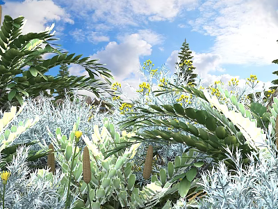 Lush Shrubs With Green Leaves And Yellow Flowers Under Sunlit Blue Sky With White Clouds 3d model