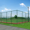 Football Field With Green Grass And Red Fence Near Basketball Court And Road